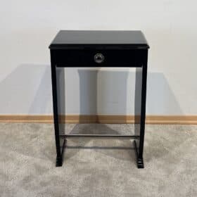 Art Deco Side Table with Drawer, Black Lacquer and Chrome, France circa 1930