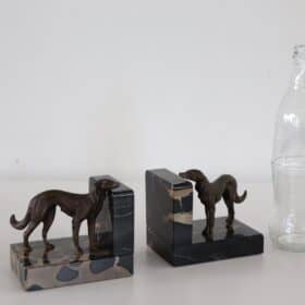 Italian Art Deco Bookends with Bronze Greyhounds on a Base of Fine Black Marble