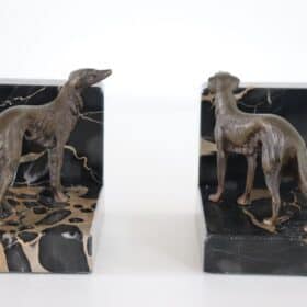 Italian Art Deco Bookends with Bronze Greyhounds on a Base of Fine Black Marble