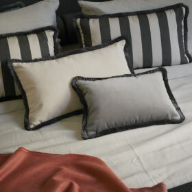 Couple Striped Happy Pillow Outdoor Indoor - White & Carbon - Fringes & Piping