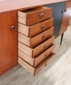 Long Sideboard in Teak Veneer - Drawers Stacked Open - Styylish