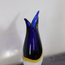 Italian Murano Art Glass Blue and Yellow Vase 1970s with Original Label