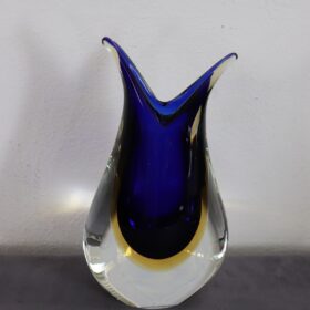 Italian Murano Art Glass Blue and Yellow Vase 1970s with Original Label