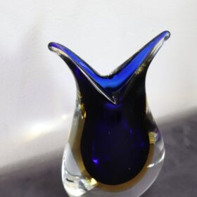 Italian Murano Art Glass Blue and Yellow Vase 1970s with Original Label