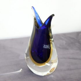 Italian Murano Art Glass Blue and Yellow Vase 1970s with Original Label