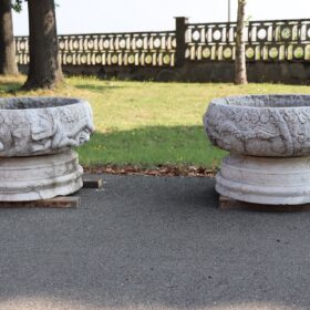 Italian Outdoor and Garden Pair of Vases in White Hand-Carved Carrara Marble