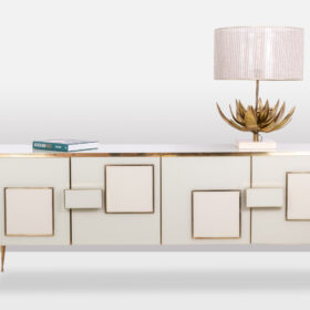 Geometric Sideboard in Glass and Gilded Brass. Contemporary Italian work.