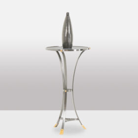 “Canabas” Pedestal Table in Patinated Leather, Steel, and Gilded Brass, Contemporary