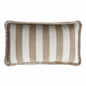 Couple Striped Happy Pillow Outdoor Indoor - White & Beige - Fringes & Piping