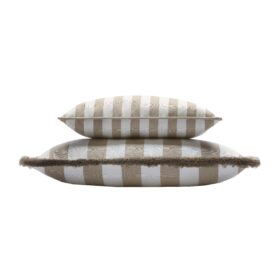 Couple Striped Happy Pillow Outdoor Indoor - White & Beige - Fringes & Piping