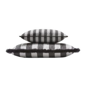 Couple Striped Happy Pillow Outdoor Indoor - White & Carbon - Fringes & Piping