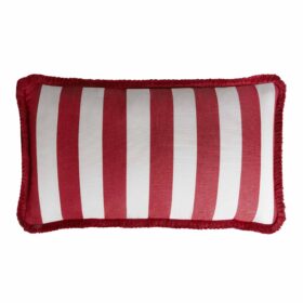 Couple Striped Happy Pillow Outdoor Indoor - White & Red - Fringes & Piping