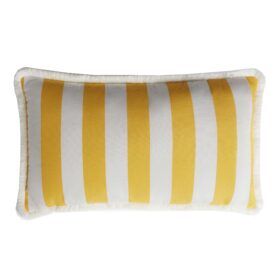 Couple Striped Happy Pillow Outdoor Indoor - White & Yellow - Fringes & Piping