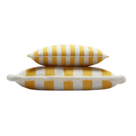 Couple Striped Happy Pillow Outdoor Indoor - White & Yellow - Fringes & Piping