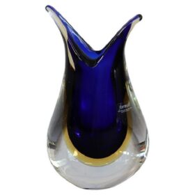 Italian Murano Art Glass Blue and Yellow Vase 1970s with Original Label