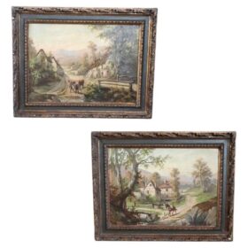 Country Town Landscape Oil Paintings on Canvas, Set of Two