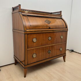 Biedermeier Roll-Top Desk, Cherry Veneer, Brass, Ink, South Germany circa 1820