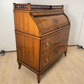 Biedermeier Roll-Top Desk, Cherry Veneer, Brass, Ink, South Germany circa 1820