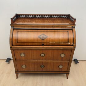 Biedermeier Roll-Top Desk, Cherry Veneer, Brass, Ink, South Germany circa 1820