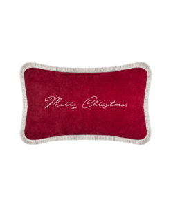 Christmas Happy Pillow Red Velvet and White Fringes
