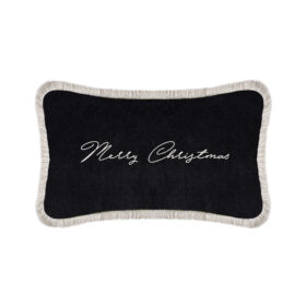 Christmas Happy Pillow Black Velvet and White Fringes